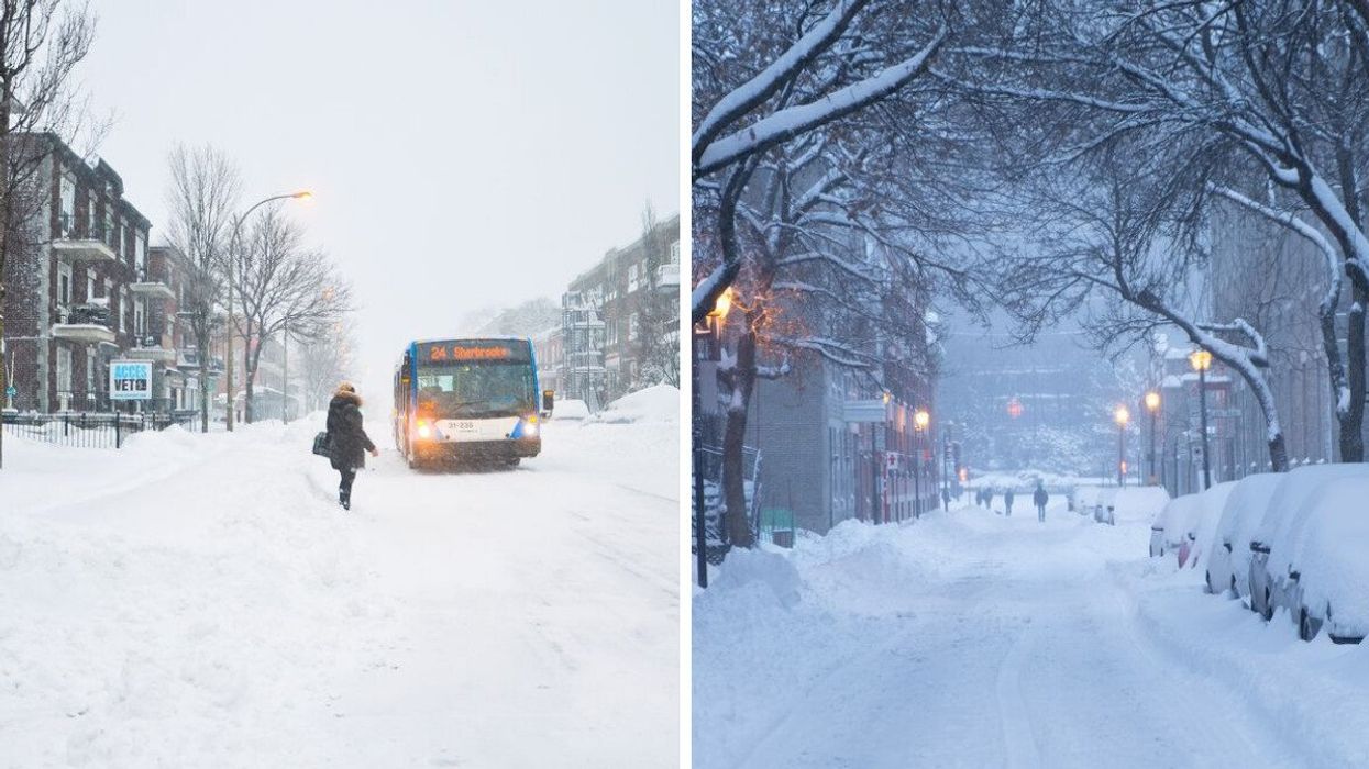 Someone waits for a bus during a snowstorm. Right: Snow-covered trees and cars.