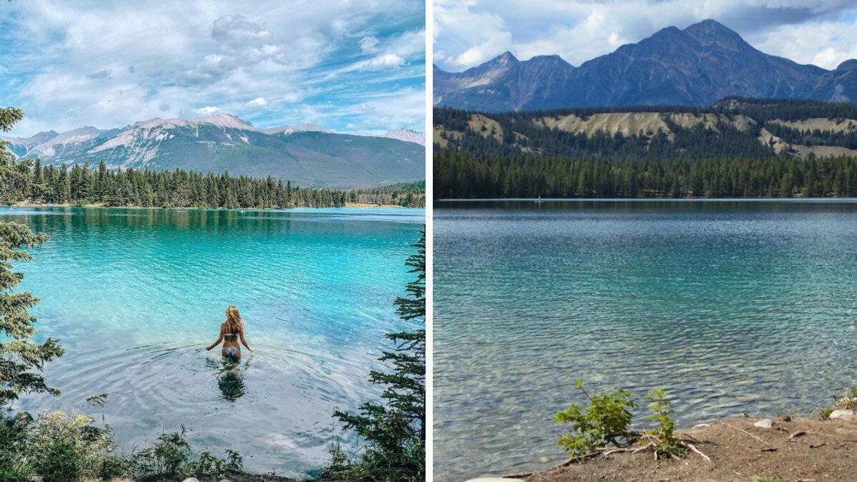 Someone waling into a lake. Right: A lake with a mountain.