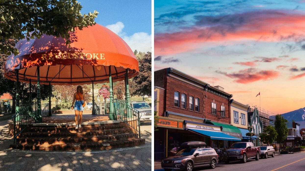 Someone walking in a small town. Right: A small town street.