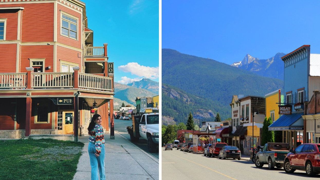 Someone walking in a town. Right: A street in a small town.