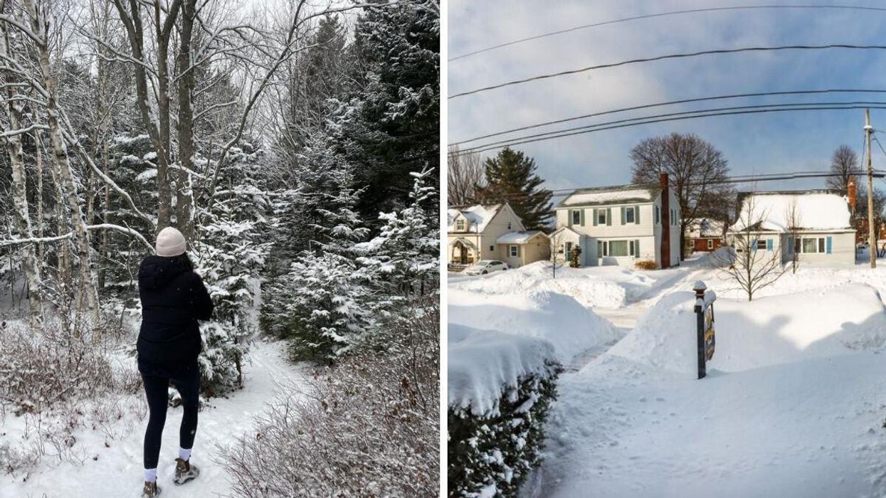 Someone walking in the winter. Right: Snow in New Brunswick.