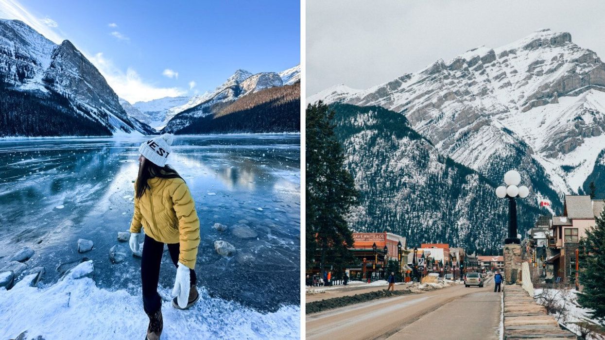 Someone walking near a frozen lake. Right: A town with a mountain behind it.