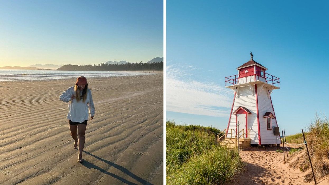 Someone walking on a beach at low tide. Right: A white and red lighthouse.