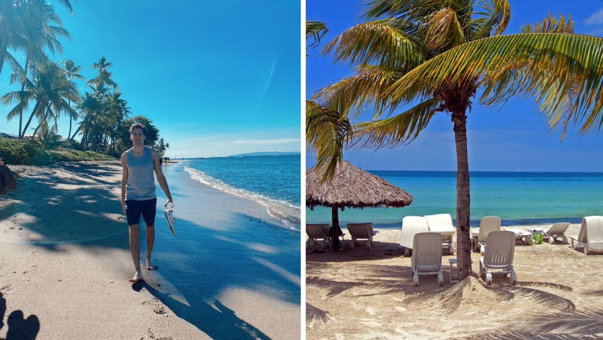 Someone walking on a beach. Right: A beach with palm trees.