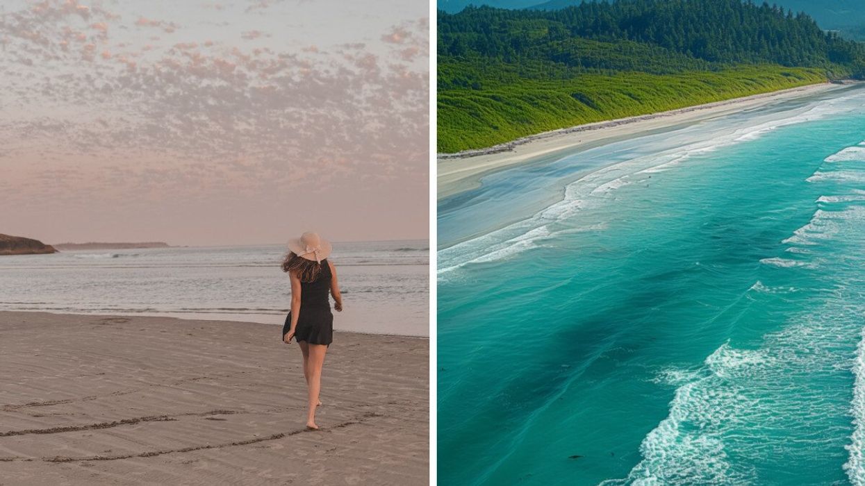 Someone walking on a beach. Right: An aerial view of the beach.