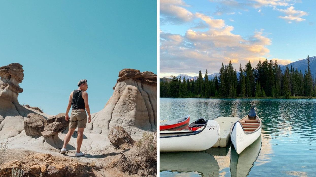 Someone walking on a hike. Right: A lake with canoes.
