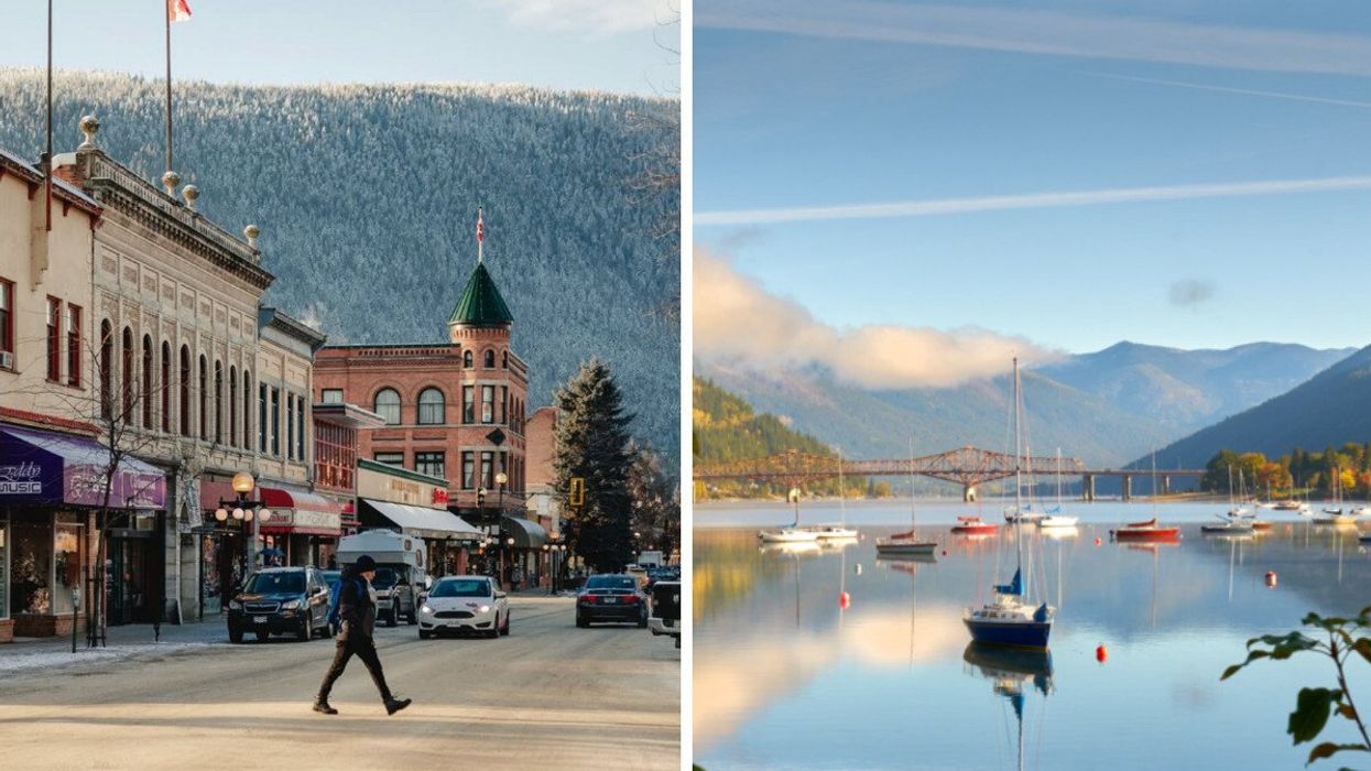 Someone walking on a street. Right: A lake.