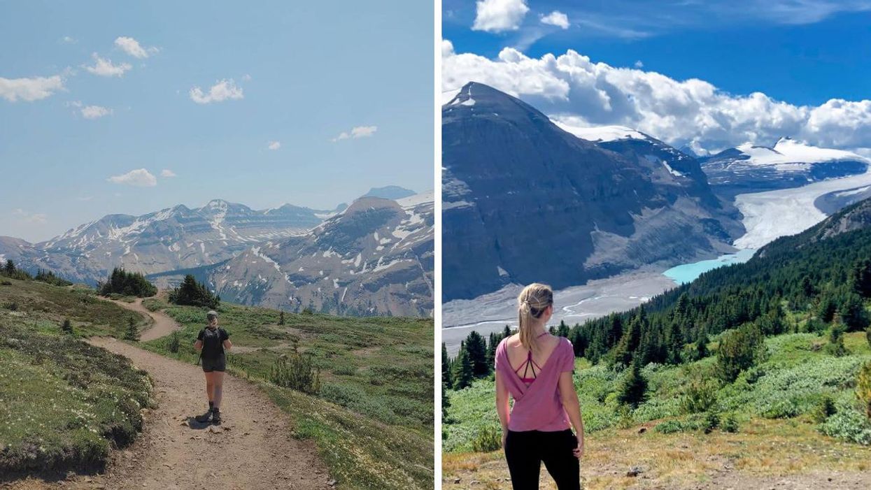 Someone walking on Parker Ridge. Right: Someone looking out over the glacier and lake.