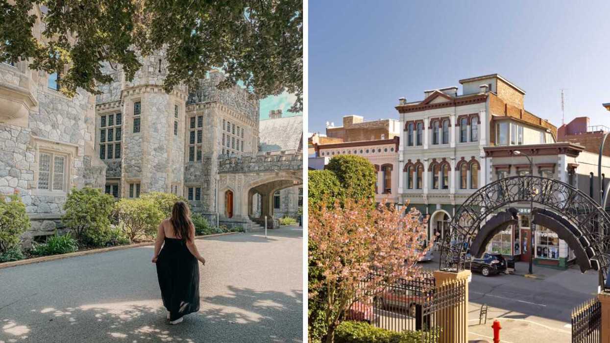 Someone walking outside a castle. Right: A charming city street.