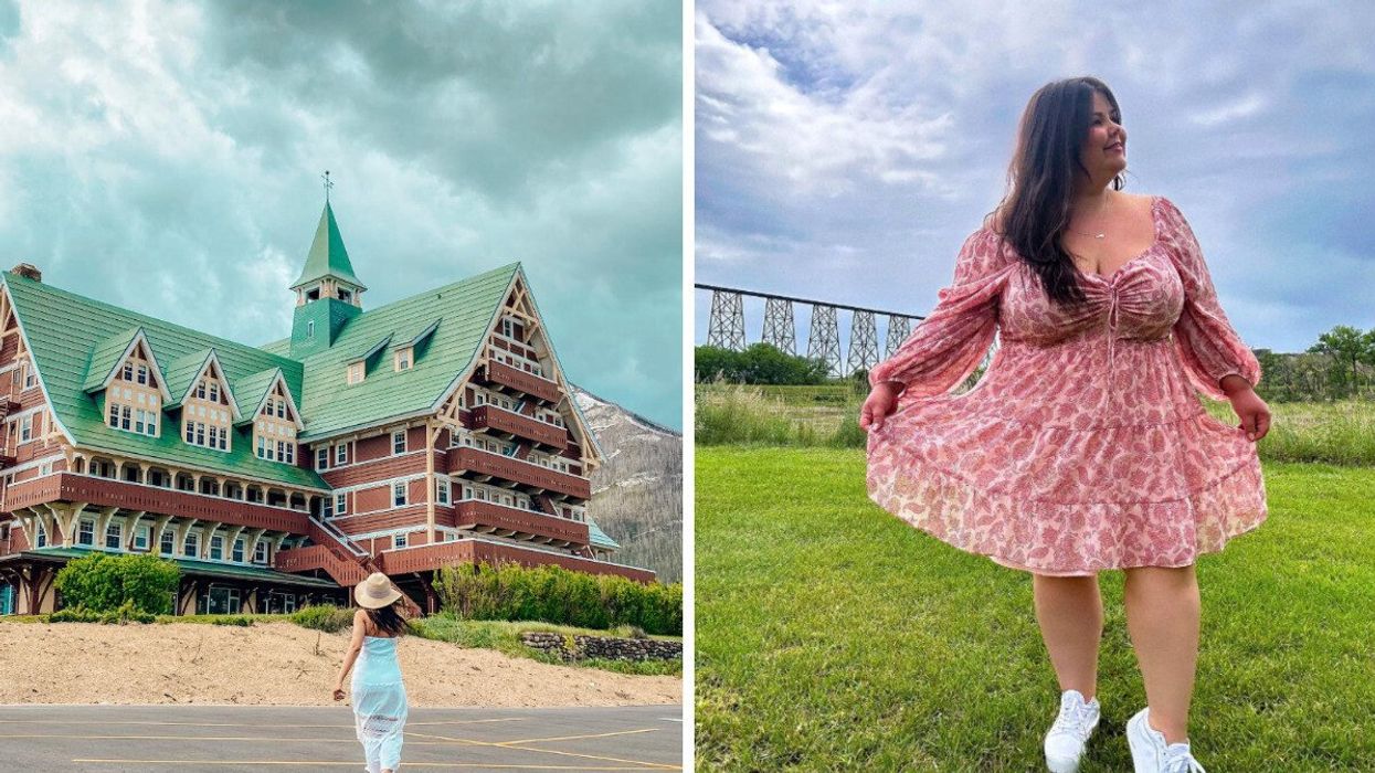 Someone walking to a building. Right: Someone posing for a photo.