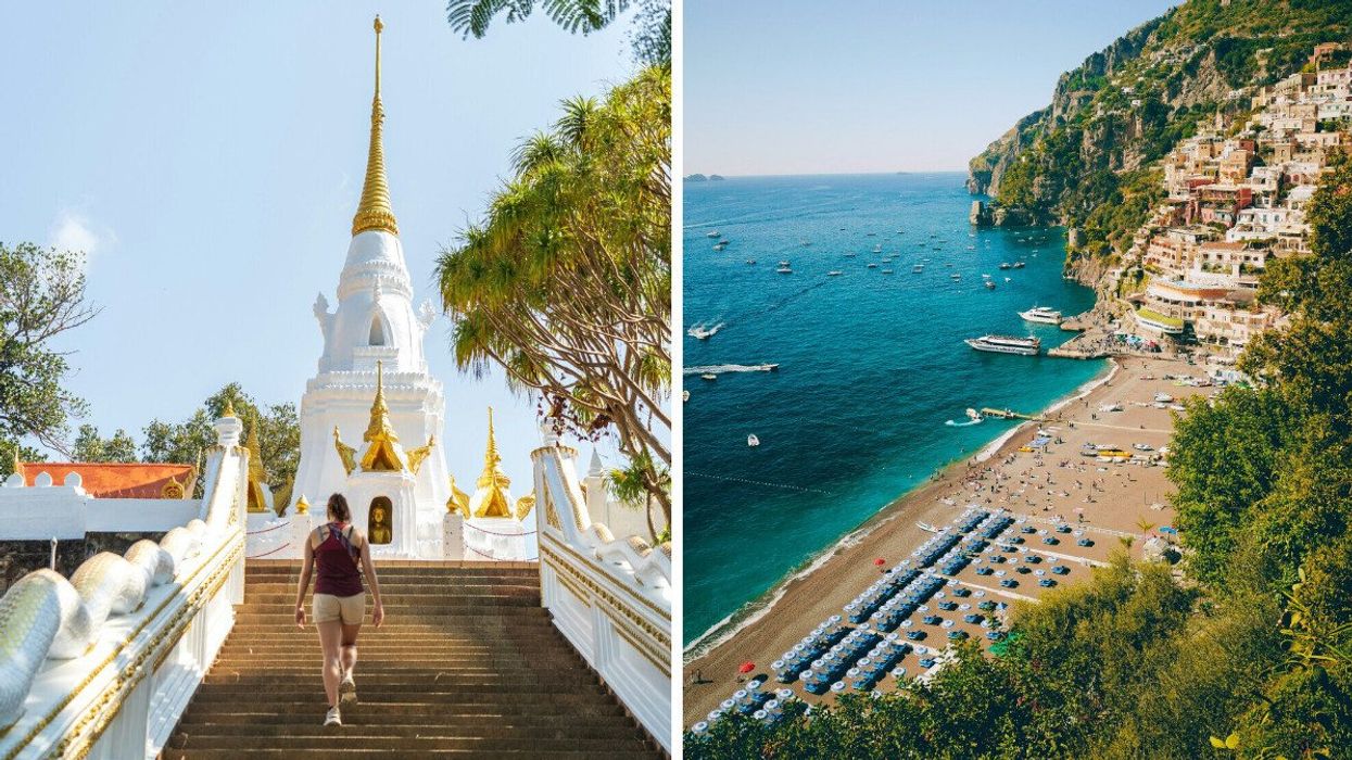 Someone walking up the stairs to a temple in Thailand. Right: A beach in Italy.