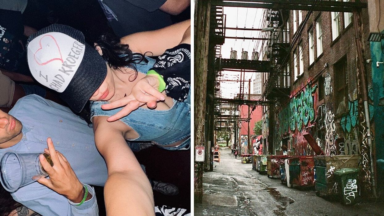 Someone wearing a Chad Kroeger hat. Right: An alleyway with graffiti.