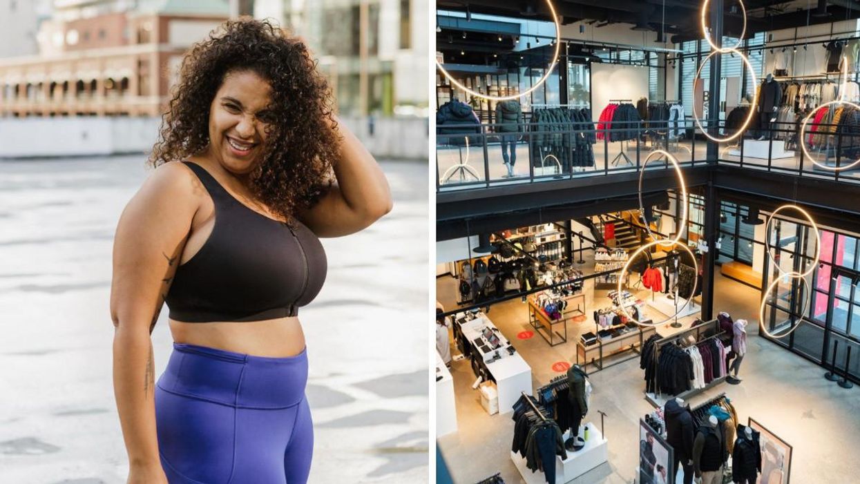 Someone wearing Lululemon clothes. Right: Inside a Lululemon store.