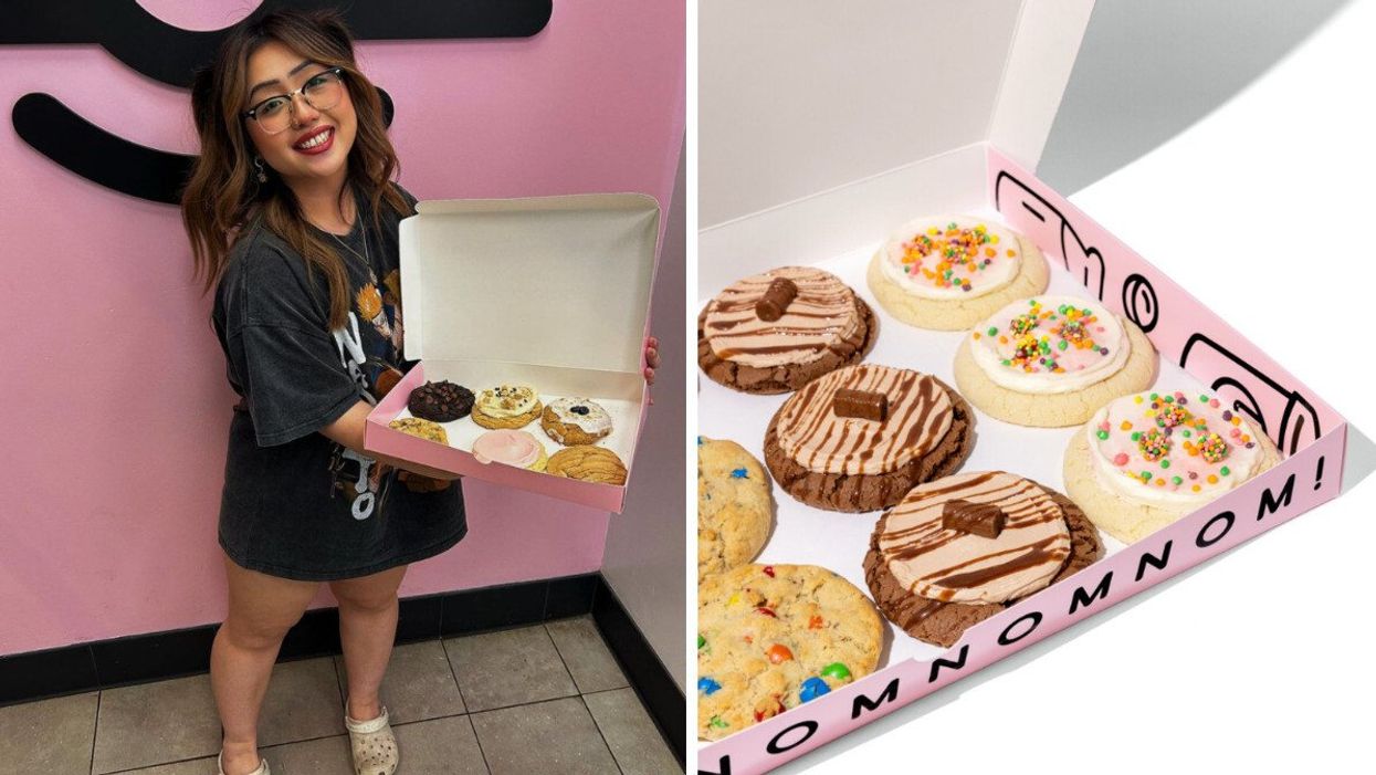 Someone with a box of Crumbl cookies. Right: Crumbl Cookies.