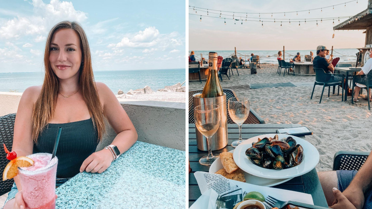 Someone with a cocktail at waterfront patio in Hamilton. Right: Restaurant patio on Port Dover beach.