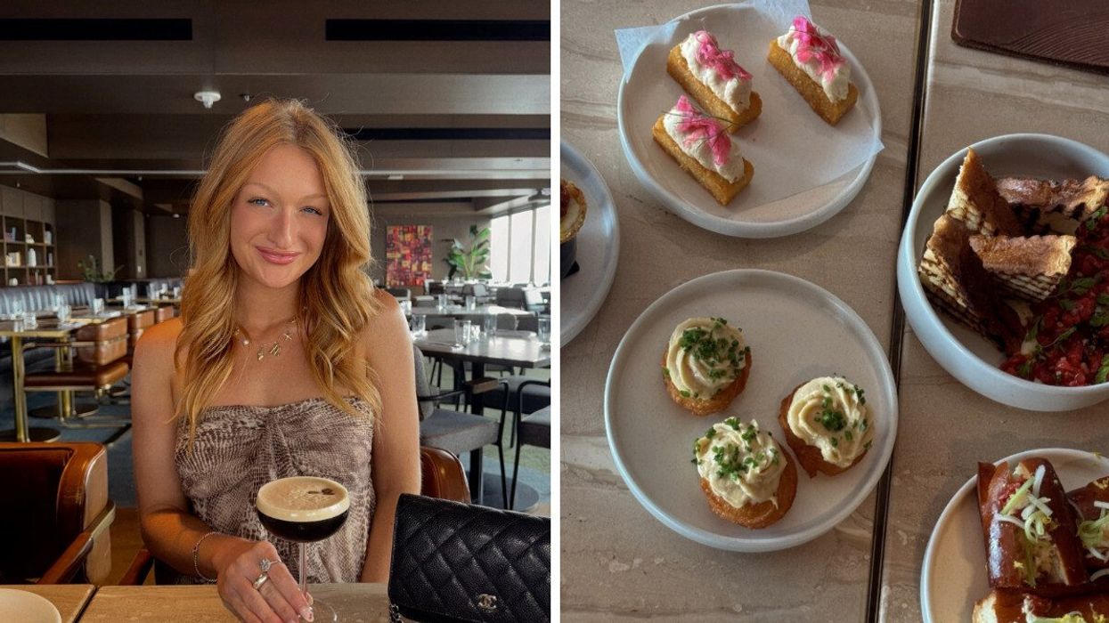 Someone with a drink in a restaurant. Right: Food in a restaurant.