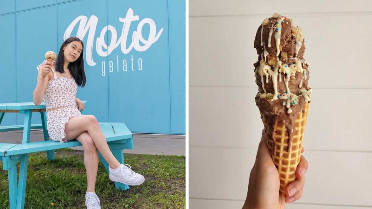 Someone with ice cream. Right: A chocolate funfetti ice cream.