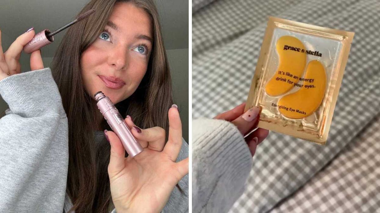 Someone with Maybelline New York Lash Sensational Sky High Mascara. Right: Grace & Stella's eye patches