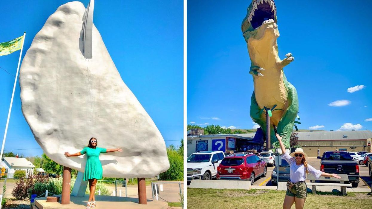 Someone with the giant perogy. Right: Someone by the world's largest dinosaur.