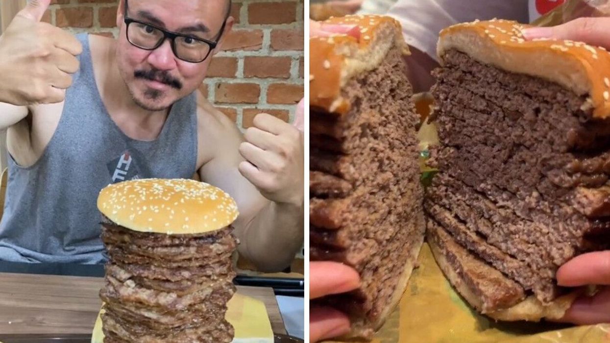 Someone with The Real Meat Burger. Right: A cross section of the burger.