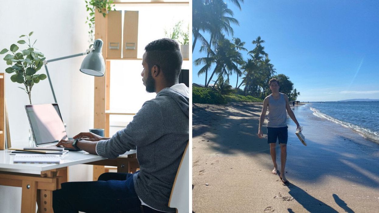 Someone working from a desk. Right: Someone on vacation.