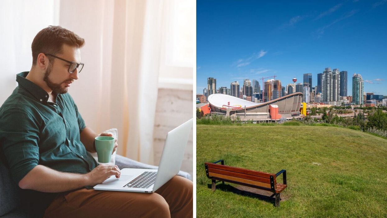 Someone working from home. Right: Calgary