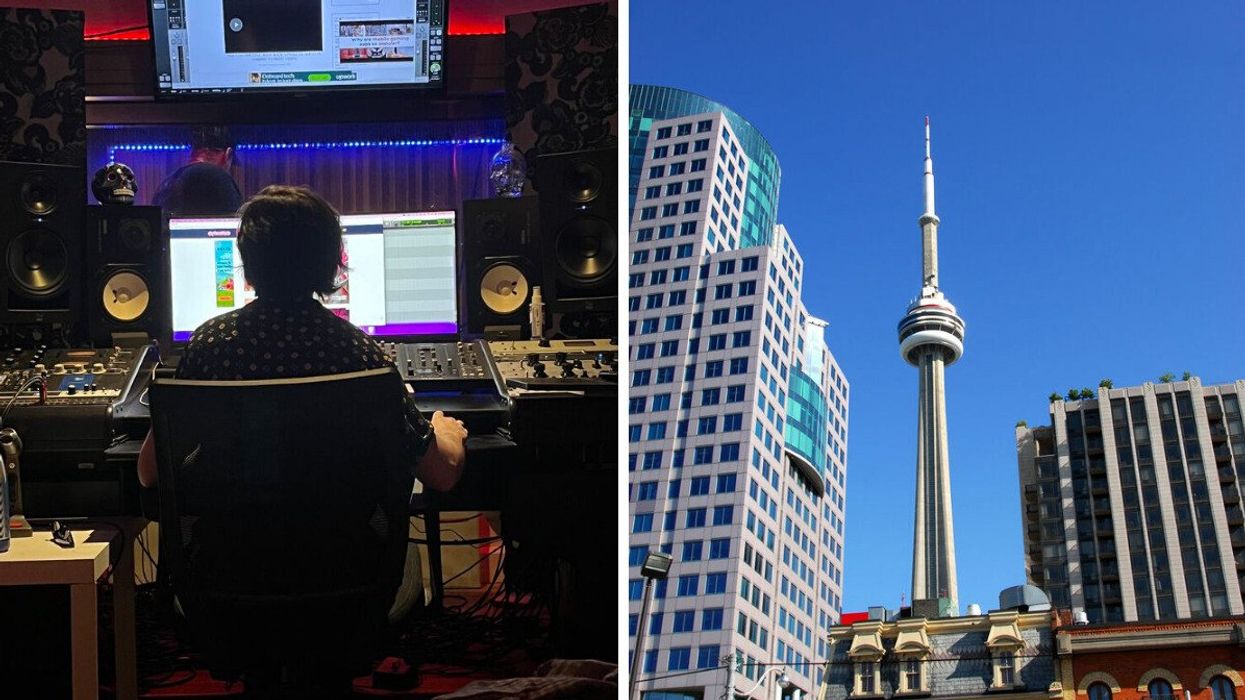 Someone working in a studio. Right: The CN Tower in Toronto
