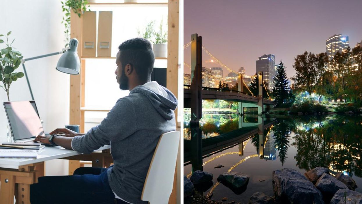 Someone working remotely. Right: Calgary.