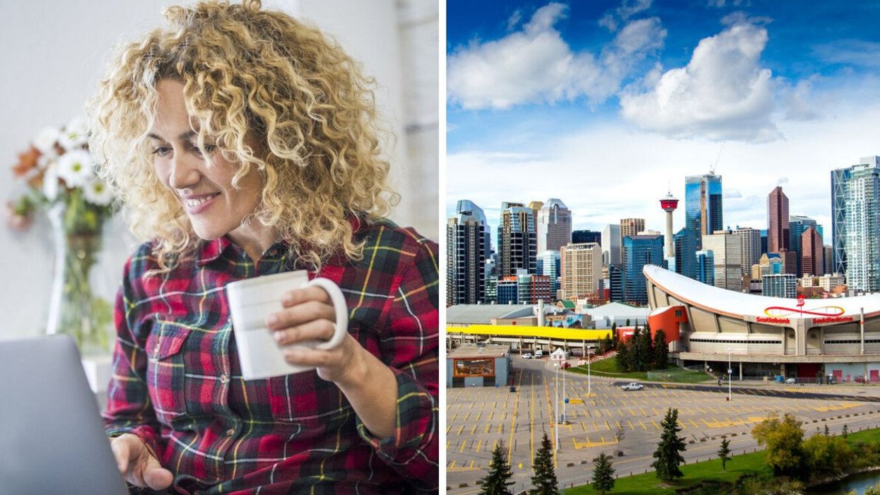 Someone working remotely. Right: There are a lot of remote jobs available in Calgary.