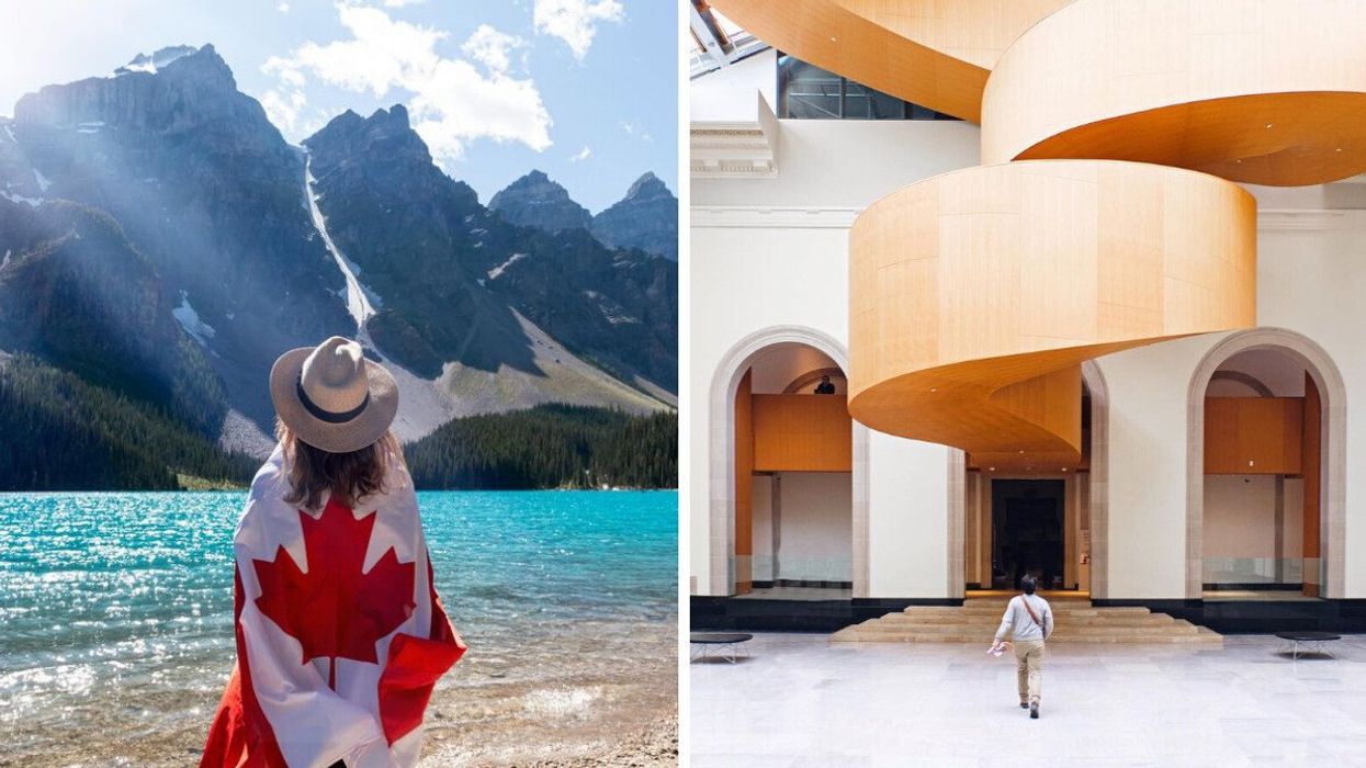Someone wrapped in a Canada flag in Banff National Park. Right: Someone walking toward a spiral staircase at the AGO.