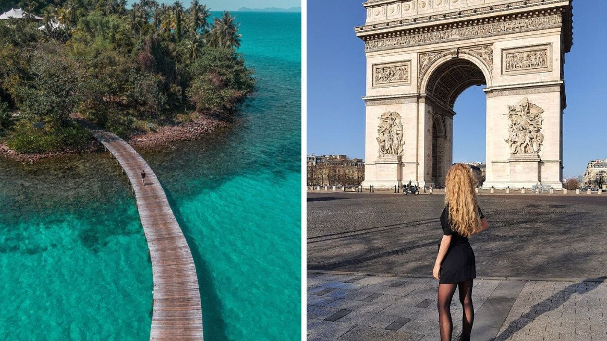 Soneva Kiri in Thailand. Right: A person at the Arc de Triomphe in Paris.