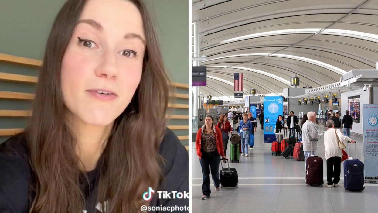 @soniacphoto explaining how to use YYZ Express. Right: Passengers inside the terminal at Pearson Airport.