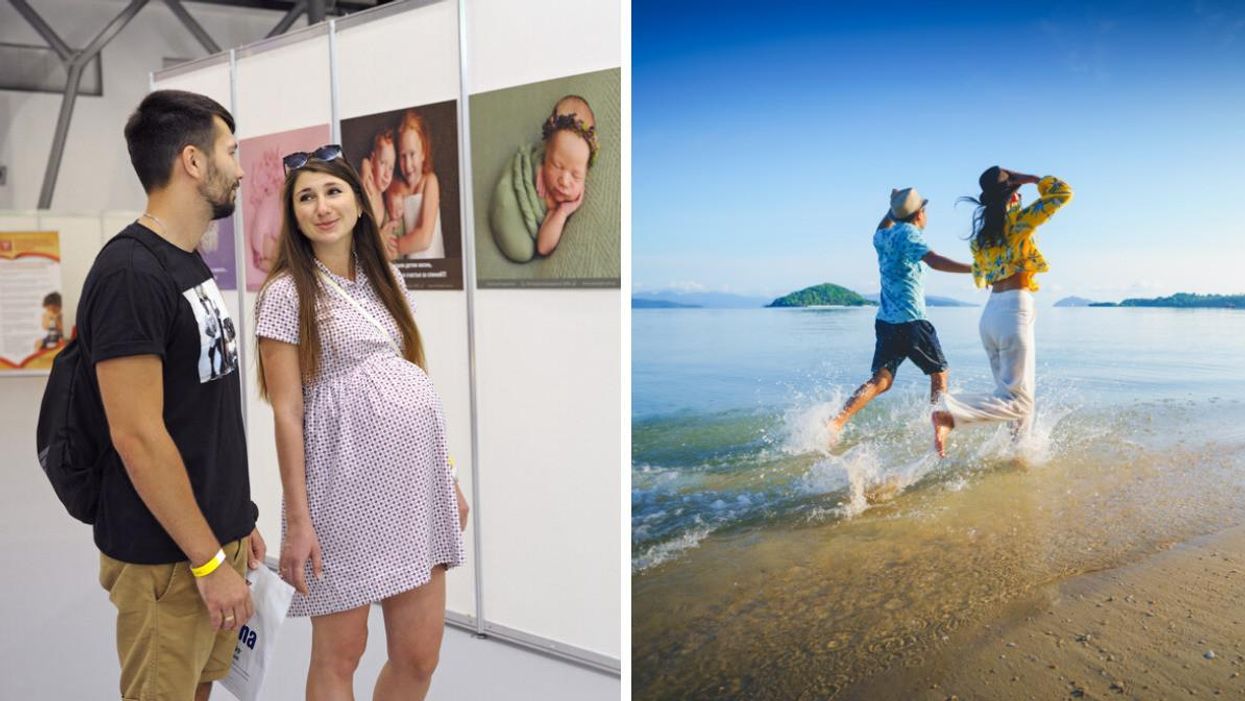 Soon-to-be parents looking at a baby exhibition. Right: A couple on a beach.