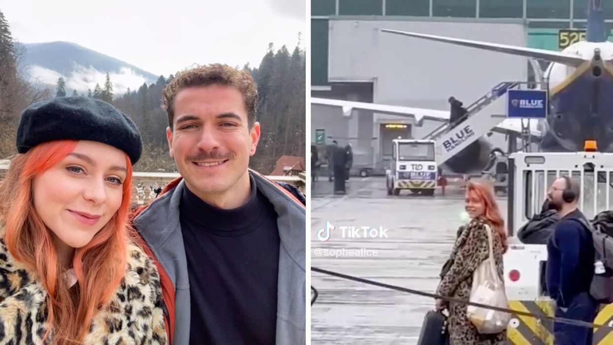 Sophie Alice and Ben Kennedy on their trip. Right: Sophie Alice on the airport tarmac.