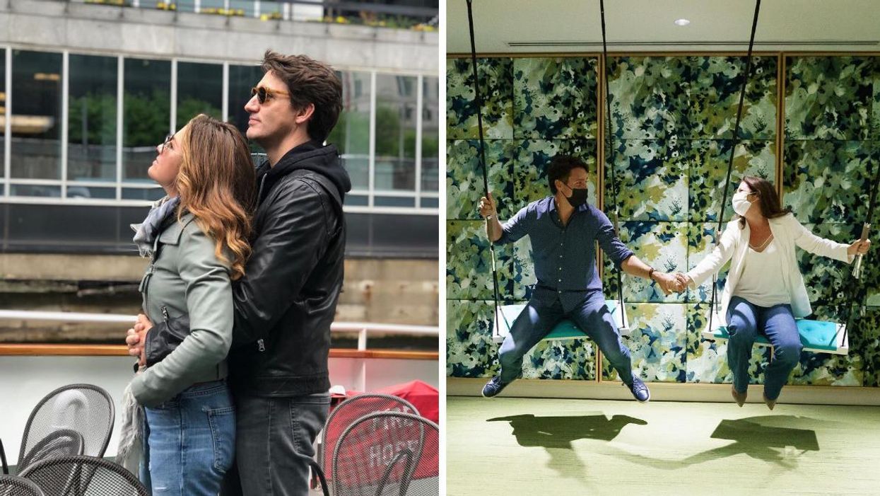 Sophie Grégoire Trudeau and Justin Trudeau. Right: Grégoire Trudeau and Trudeau holding hands while on swings.