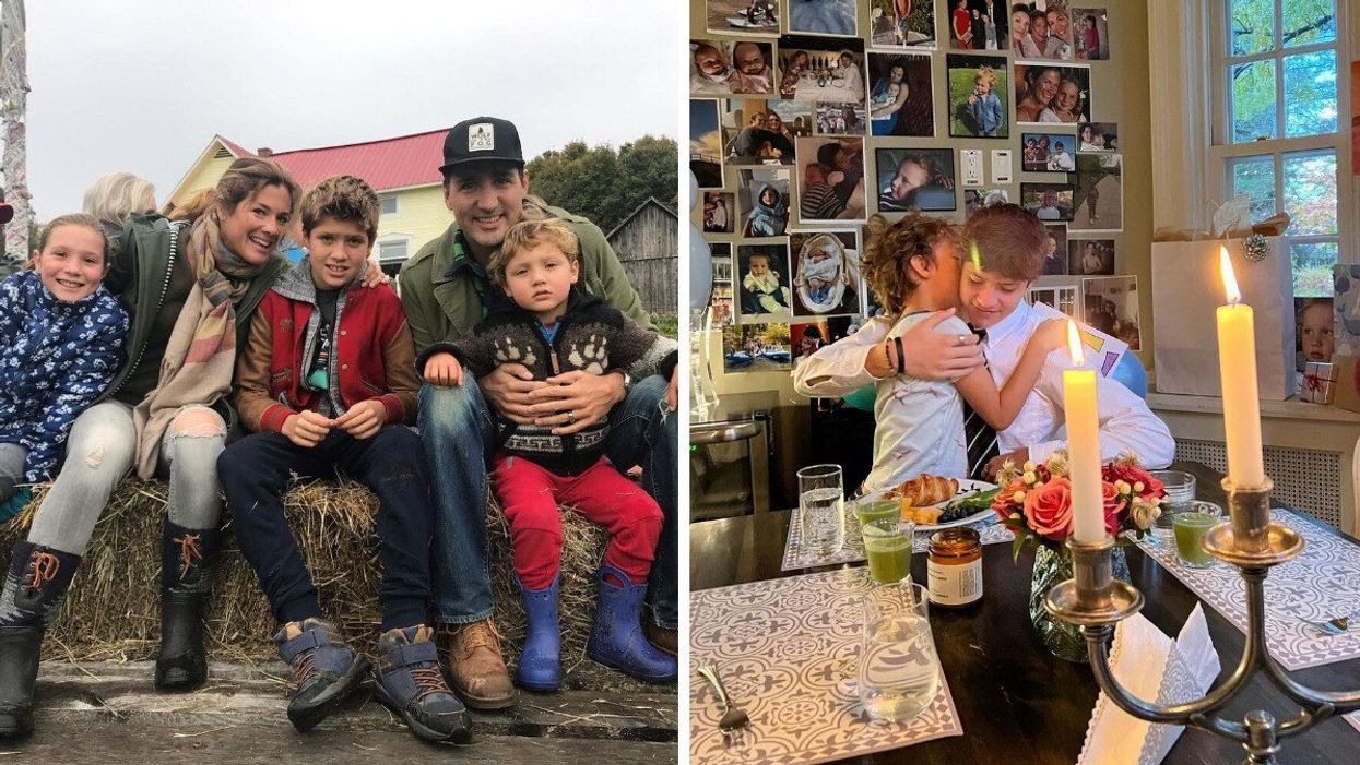 Sophie Grégoire Trudeau and Justin Trudeau with their kids. Right: Grégoire Trudeau's sons Xavier and Hadrien hugging.