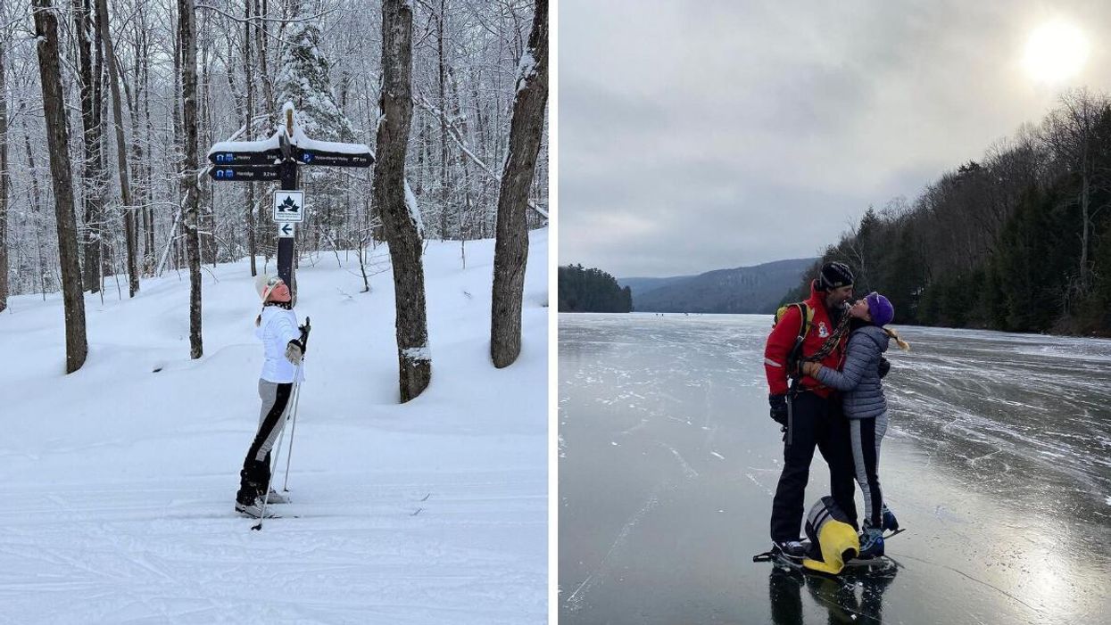 Sophie Grégoire Trudeau cross-country skiing. Right: Justin Trudeau and Sophie Grégoire Trudeau hugging while skating.