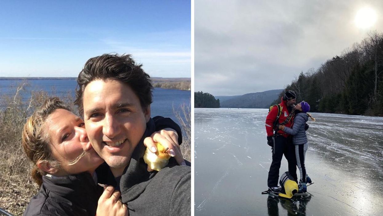 Sophie Grégoire Trudeau kissing Justin Trudeau's cheek. Right: Trudeau and Grégoire Trudeau hugging.