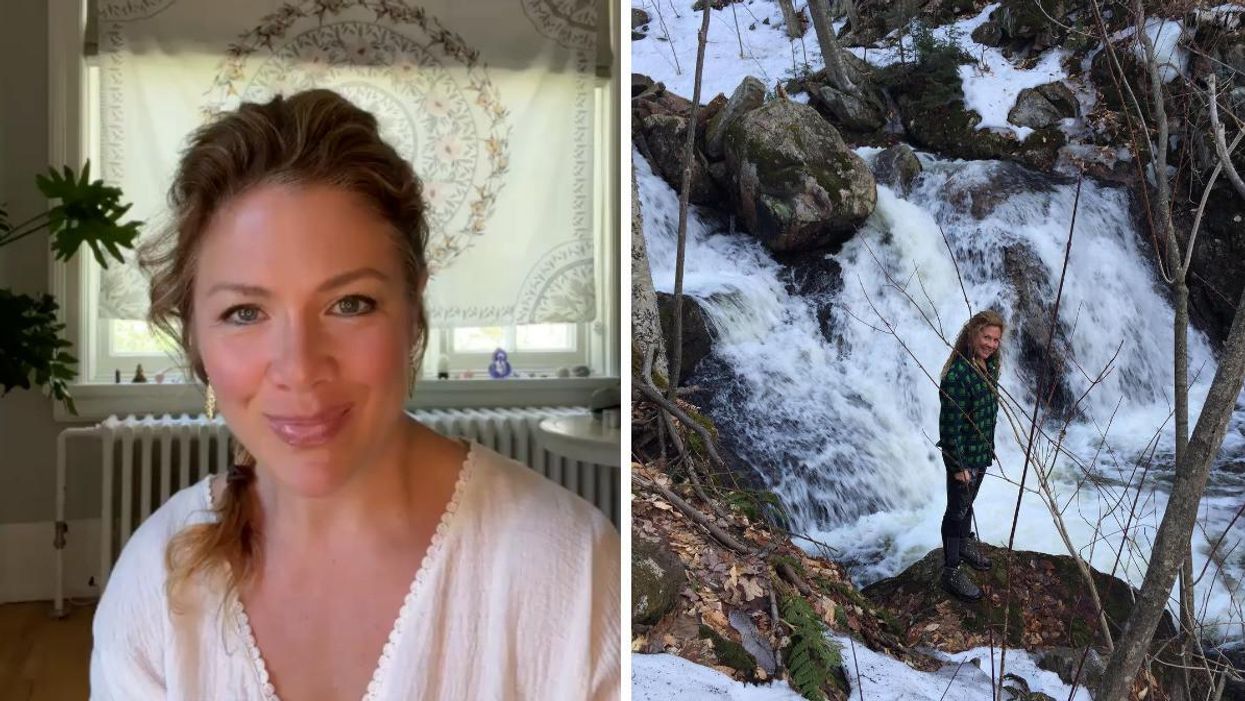 Sophie Grégoire Trudeau. Right: Sophie Grégoire Trudeau standing in front of a waterfall.