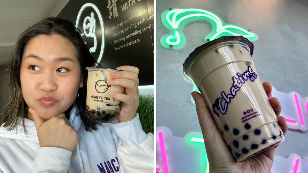 Sophie holding 38 Milk King from Kung Fu Tea. Right: Chatime Pearl Milk Tea.