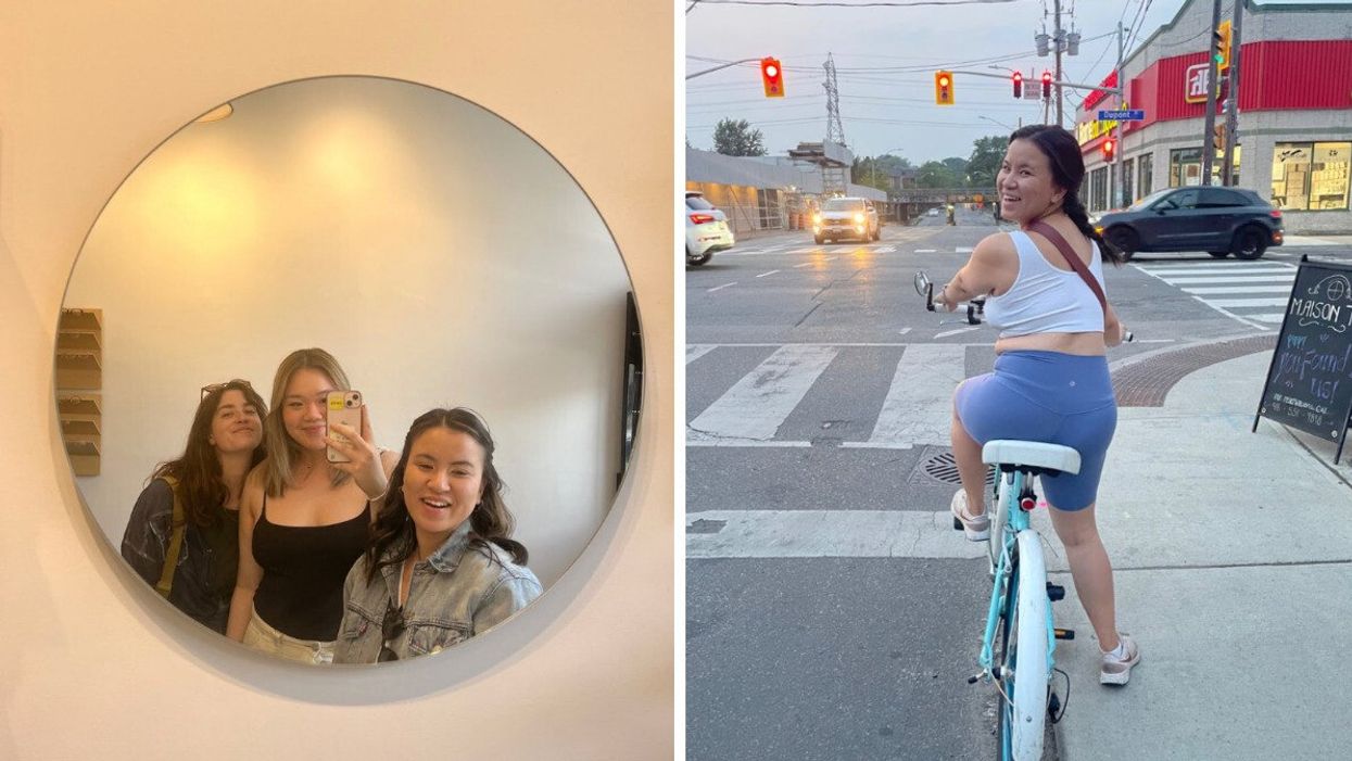 Sophie poses in a mirror with two friends. Right: A woman smiles at the camera while riding a bike in Toronto.