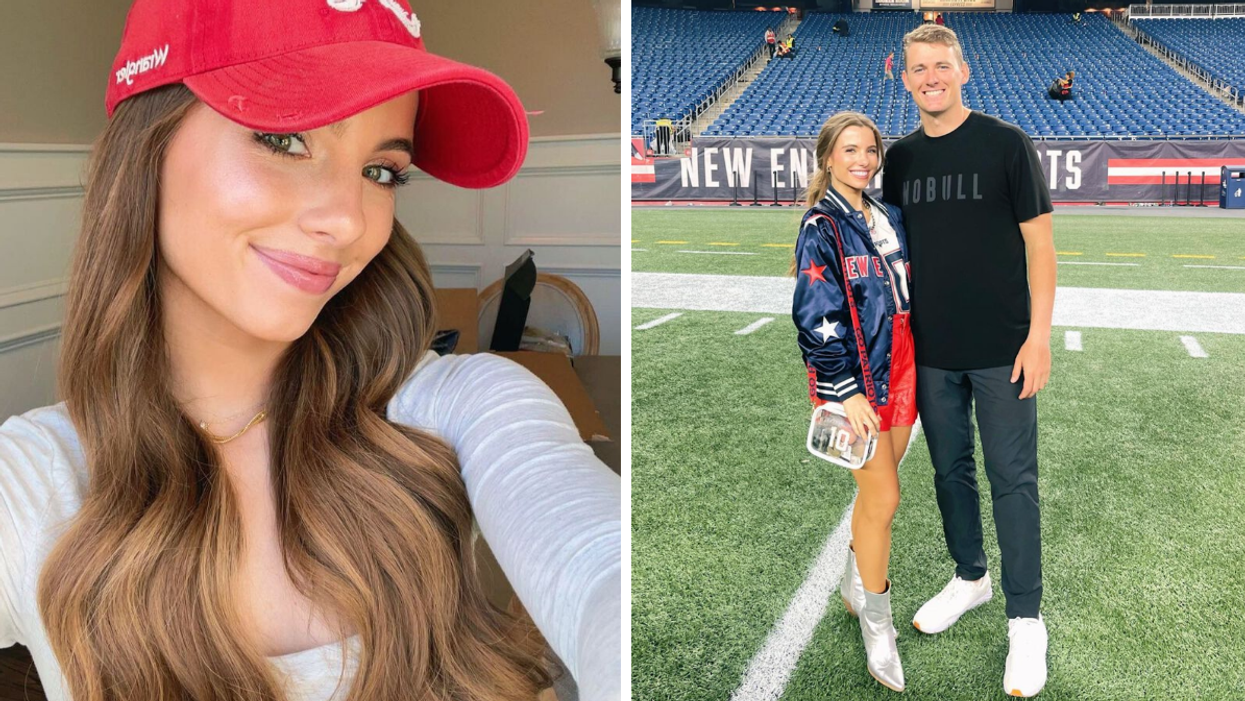 Sophie Scott with a University of Alabama hat on. Right: Sophie Scott and Mac Jones on a football field.