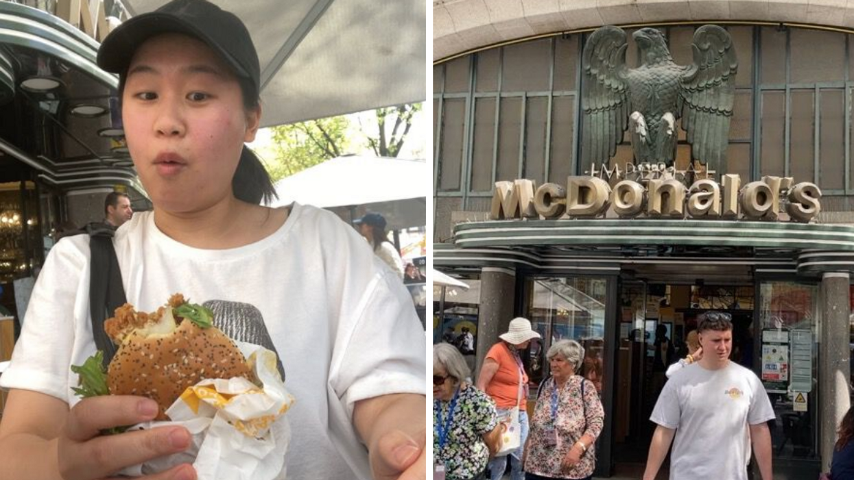 Sophie trying the Rustic Chicken Mostarda e Mel at McDonald's. Right: McDonald's in Porto, Portugal.