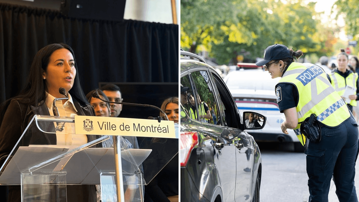 Soraya Martinez Ferrada, mairesse de Montréal. Droite : Une policière du Service de police de la Ville de Montréal.