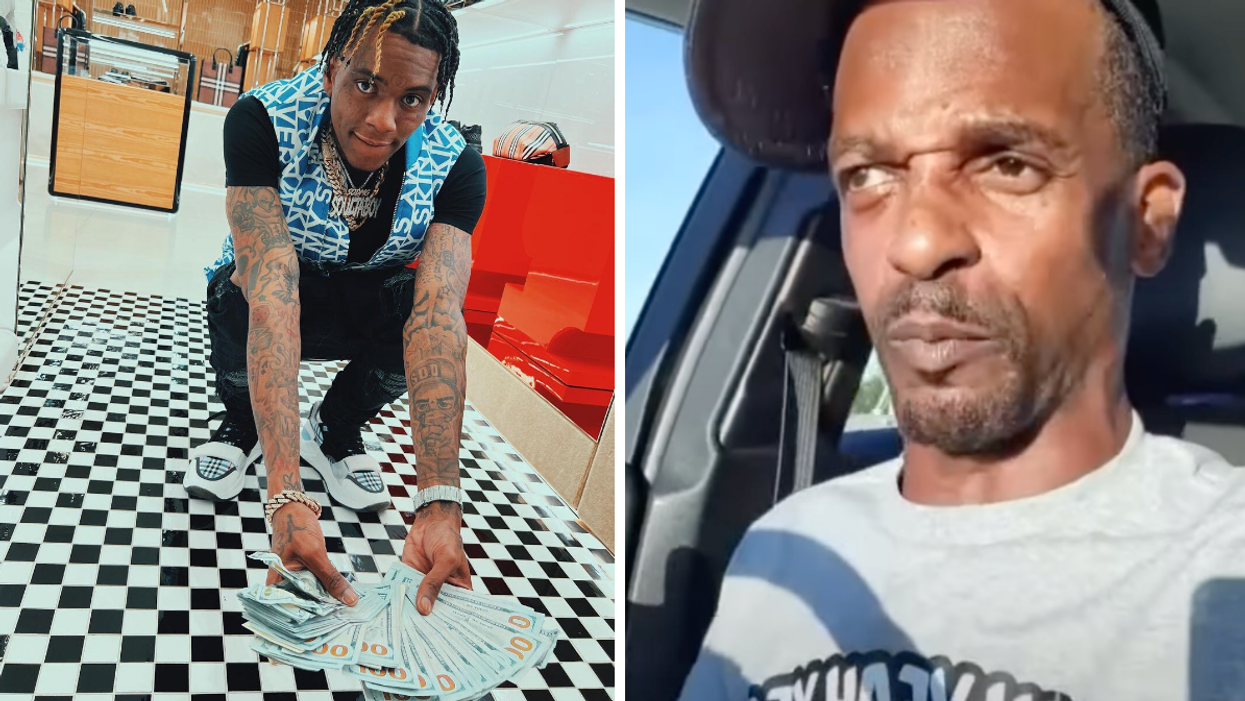 Soulja Boy holding a bunch of $100 bills. Right: A screenshot of Charleston White's Instagram live.
