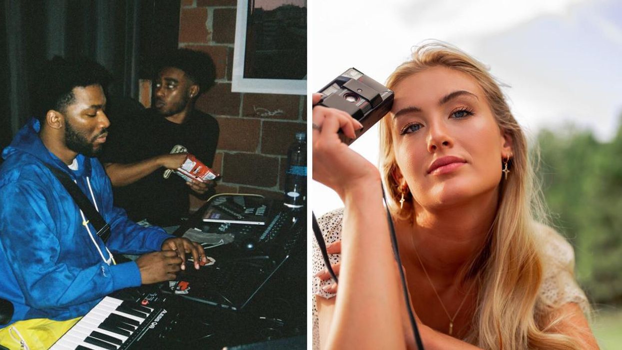 Sound technician working on a music console. Right: A woman posing with a camera.