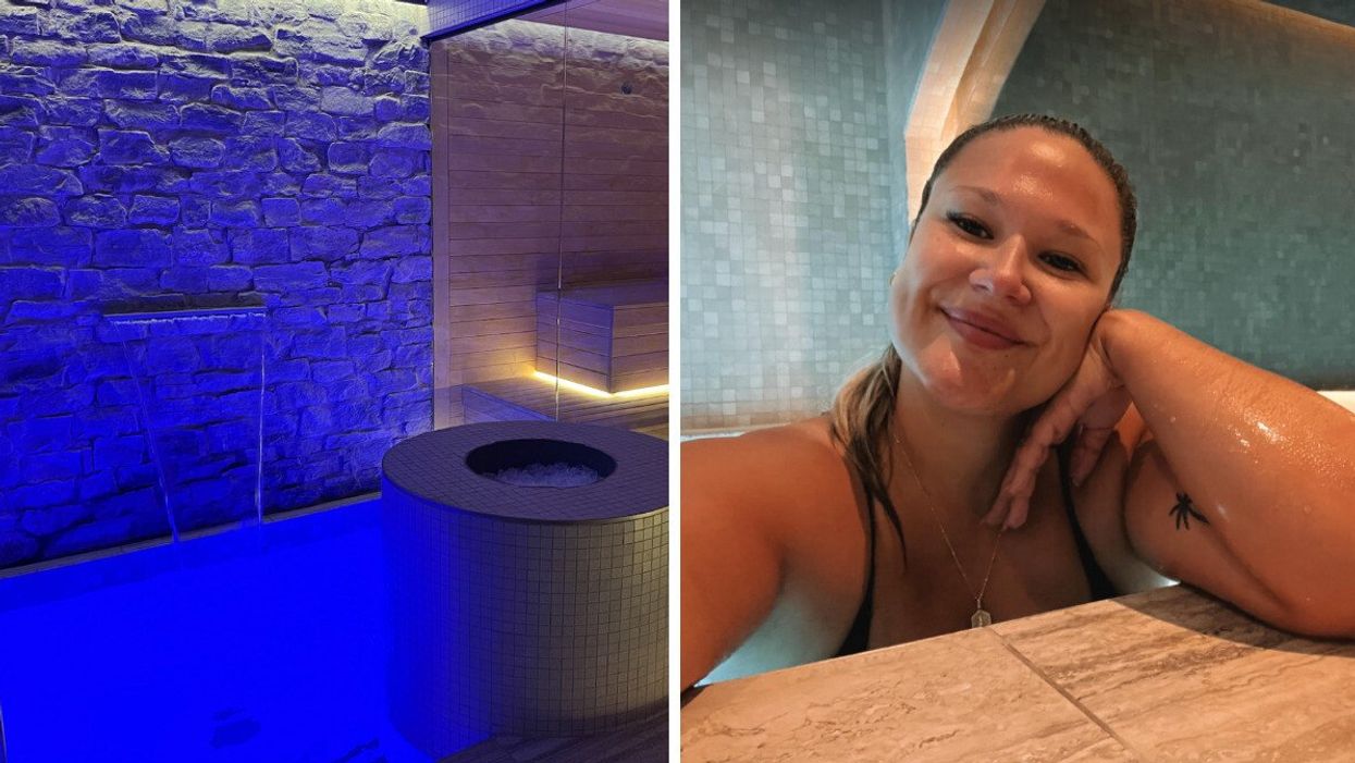 Spa Carré Saint-Louis. Droite : Izabelle Bee dans le bain à remous du Spa Carré Saint-Louis.