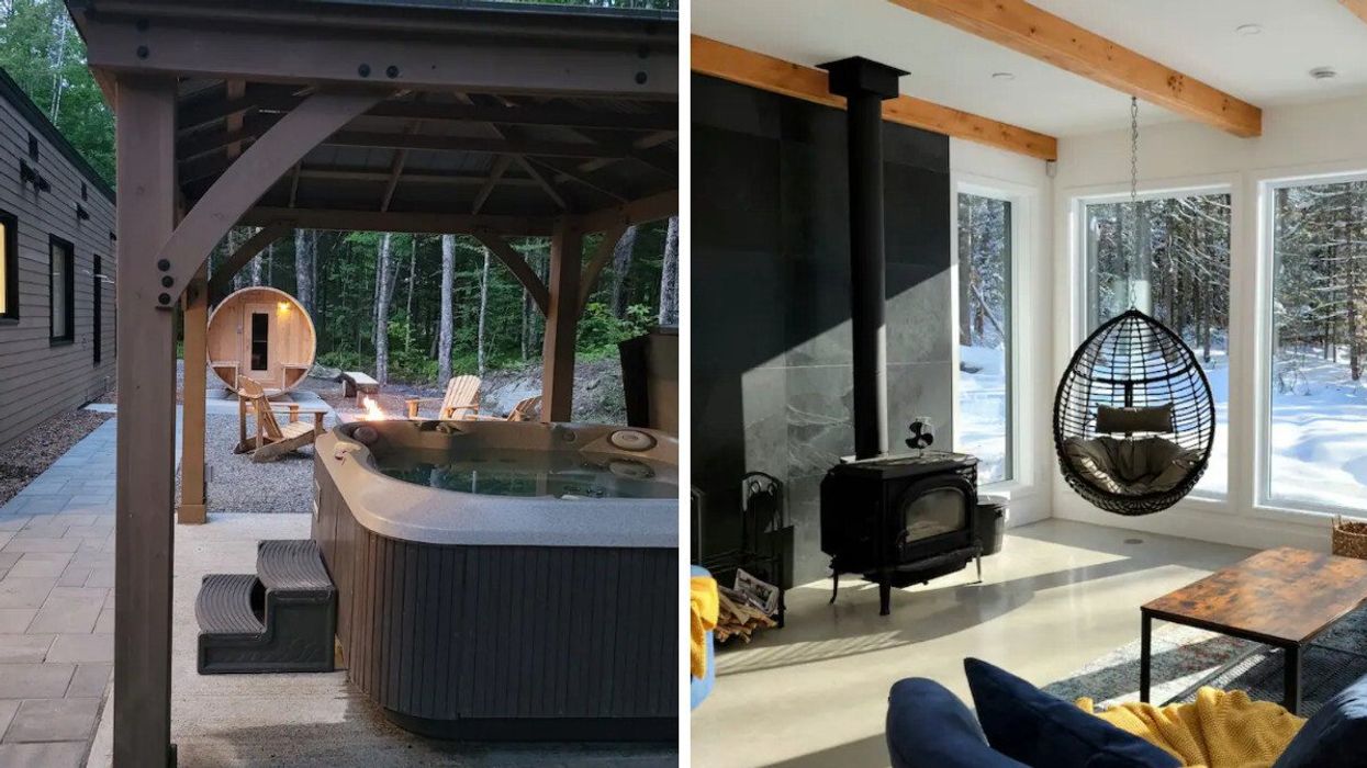 Spa et sauna d'un Airbnb. Droite : Intérieur d'un Airbnb.