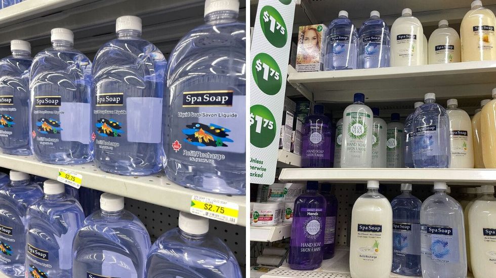 spa soap bottles at dollarama. right: spa soap bottles at dollar tree