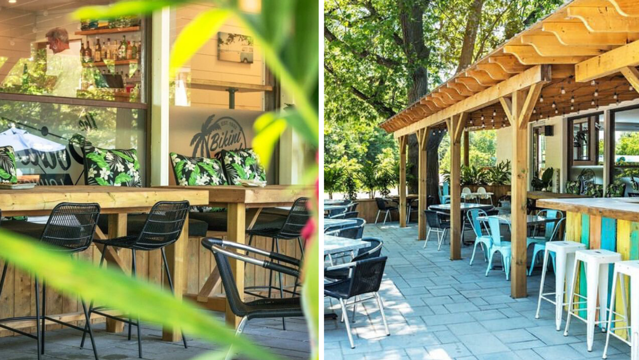 Spacious tropical patio with pergola and beach bar at Constance Bay Beach near Ottawa.